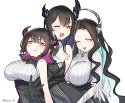 Rule 34 | 3girls, absurdres, aradia ravencroft, asymmetrical horns, black hair, breasts, colored inner hair, demon horns, gloves, hair ornament, highres, hololive, hololive english, horns, large breasts, long hair, looking at viewer, malpha ravencroft, mole, mole under eye, multicolored hair, multiple girls, nerissa ravencroft, nerissa ravencroft (1st costume), one eye closed, open mouth, red eyes, short hair, siblings, simple background, sisters, smile, sobbi11, two-tone hair, uneven horns, virtual youtuber, white background