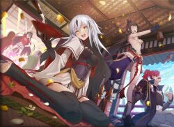 2boys 5girls alcohol aora armor artist_name blush bottle breast_curtains breasts buster_shirt chacha_(fate) chaldea_logo confetti cup day fate/grand_order fate_(series) gloves hat highres holding holding_bottle holding_cup indoors japanese_armor kusazuri laughing legs_apart long_hair mori_nagayoshi_(fate) multiple_boys multiple_girls nagao_kagetora_(fate) navel oda_nobukatsu_(fate) oda_nobunaga_(fate) oda_nobunaga_(swimsuit_berserker)_(fate) oda_nobunaga_(swimsuit_berserker)_(first_ascension)_(fate) okita_souji_(fate) okita_souji_(koha-ace) petals pom_pom_(clothes) ponytail pouring revealing_clothes sakazuki sake sake_bottle sharp_teeth showgirl_skirt side_ponytail sitting socks standing stomach sunglasses tate_eboshi teeth thighhighs toeless_legwear underboob ushiwakamaru_(fate) white_socks yokozuwari