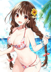 Rule 34 | 1girl, :d, bare arms, bare shoulders, beach, bikini, blue sky, bow, braid, breasts, brown hair, cleavage, cloud, collarbone, commentary request, cowboy shot, day, floral print, flower, hair bow, hair flower, hair ornament, hairclip, halterneck, halterneck, highleg, highleg bikini, horizon, large breasts, light rays, long hair, looking at viewer, low twintails, multicolored nails, nail polish, navel, ocean, open mouth, original, outdoors, palm leaf, print bikini, red eyes, ribbon, sidelocks, sky, smile, solo, sparkle, standing, stomach, sunbeam, sunflower, sunlight, swimsuit, thighs, twin braids, twintails, very long hair, water, white bikini, white flower, wrist ribbon, yellow flower, yon (letter)