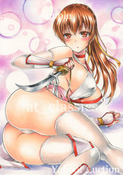 Rule 34 | 1girl, artist name, ass, at classics, blush, breasts, brown eyes, brown hair, choker, closed mouth, covered erect nipples, dead or alive, gauntlets, holding, holding weapon, kasumi (doa), knees together feet apart, large breasts, looking at viewer, ponytail, revealing clothes, sample watermark, sideboob, solo, thighhighs, traditional media, watermark, weapon, white thighhighs