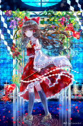 Rule 34 | 1girl, absurdres, animal, ascot, bare shoulders, black thighhighs, bow, brown eyes, brown footwear, brown hair, detached sleeves, falling petals, fish, flower, frilled skirt, frills, full body, hair bow, hair tubes, hakurei reimu, highres, japanese clothes, long hair, nontraditional miko, petals, purple flower, red bow, red flower, red skirt, ribbon-trimmed sleeves, ribbon trim, shoes, sidelocks, skirt, solo, suzushina, thighhighs, touhou, twitter username, white sleeves, wide sleeves, yellow ascot, yellow flower