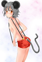 Rule 34 | 1girl, animal ears, bad id, bad pixiv id, blush, cosplay, disney, female focus, flat chest, grey hair, mickey mouse, mickey mouse (cosplay), mouse ears, mouse tail, naked suspenders, nazrin, revealing clothes, ryouma (galley), short hair, solo, suspenders, tail, tail hole, topless, touhou