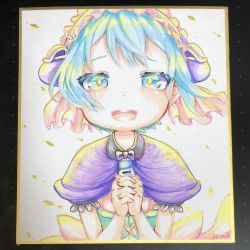 Rule 34 | 1boy, :d, aqua eyes, aqua hair, artist name, back bow, blue bow, blue capelet, bow, capelet, child, corset, eyes visible through hair, frilled hairband, frills, green corset, hairband, hands up, highres, interlocked fingers, looking at viewer, made in abyss, male focus, maruruk, nina (maurururoa), open mouth, own hands clasped, own hands together, petals, photo (medium), pouch, shikishi, short hair, short sleeves, signature, smile, solo, straight-on, teeth, traditional media, trap, upper body, upper teeth only, w arms, whistle, whistle around neck, yellow pupils