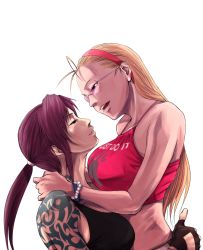 Rule 34 | 2girls, antenna hair, arm tattoo, arms around neck, backlighting, black gloves, black lagoon, blonde hair, bracelet, breasts, brown hair, camisole, casual, commentary request, crop top, eda (black lagoon), eye contact, fingerless gloves, forehead, gloves, hair pulled back, hairband, half-closed eyes, highres, jewelry, large breasts, lifting person, long hair, looking at another, mimiyama kiichi, multiple girls, nike (company), parted lips, pink-tinted eyewear, pink-tinted glasses, ponytail, print shirt, puckered lips, red hairband, revy (black lagoon), rimless eyewear, shirt, shoulder tattoo, sidelocks, sunglasses, tattoo, tinted eyewear, white background, yuri