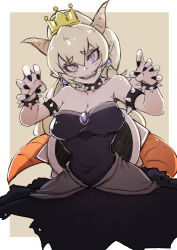 Rule 34 | 1girl, absurdres, armlet, black collar, black dress, black nails, blonde hair, bowsette, bracelet, breasts, cleavage, collar, collarbone, crown, dress, earrings, fingernails, hair between eyes, hands up, highres, horns, jewelry, large breasts, looking at viewer, mario (series), nail polish, new super mario bros. u deluxe, nintendo, open mouth, pointy ears, sharp fingernails, sharp teeth, smile, solo, spiked armlet, spiked bracelet, spiked collar, spiked shell, spikes, strapless, strapless dress, super crown, tail, teeth, turtle shell, upper body, watchi
