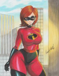 Rule 34 | 1girl, 2023, absurdres, ass, black gloves, black thighhighs, bodysuit, breasts, brown eyes, brown hair, building, curvy, disney, elastigirl, eye mask, gloves, helen parr, highres, huge ass, insignia, large breasts, logo, looking at viewer, mask, pixar, ravernclouk design, red bodysuit, shiny clothes, short hair, skin tight, smile, solo, standing, the incredibles, thick thighs, thighhighs, thighs, traditional media, wide hips