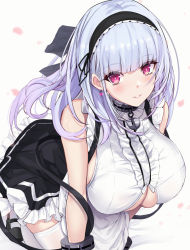 Rule 34 | 1girl, anchor choker, apron, azur lane, bare shoulders, black hairband, black skirt, blue ribbon, blunt bangs, blush, breasts, center frills, choker, clothing cutout, cuffs, dido (azur lane), dress, frilled choker, frills, hair ribbon, hairband, highres, kneeling, large breasts, leaning forward, long hair, looking at viewer, maid, parted lips, purple eyes, ribbon, skirt, smile, solo, thighhighs, underboob, underboob cutout, untue, waist apron, white apron, white hair, white thighhighs