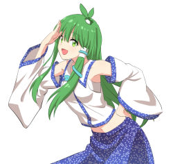 Rule 34 | 1girl, :d, antenna hair, bare shoulders, blue skirt, blush, commentary request, cowboy shot, detached sleeves, frog hair ornament, green eyes, green hair, hair between eyes, hair ornament, hair tubes, hand on own hip, hand up, highres, kochiya sanae, leaning forward, leon (mikiri hassha), long hair, long sleeves, looking at viewer, midriff, midriff peek, navel, open mouth, salute, sarashi, shirt, sidelocks, simple background, skirt, smile, snake hair ornament, solo, standing, touhou, very long hair, white background, white shirt, wide sleeves