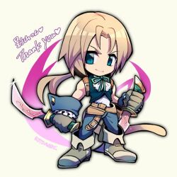 Rule 34 | 1boy, belt, blonde hair, blue eyes, blue pants, brown belt, chibi, closed mouth, commission, final fantasy, final fantasy ix, full body, glint, gloves, green ribbon, grey footwear, holding, holding sword, holding weapon, kotorai, looking at viewer, male focus, no nose, pants, ponytail, ribbon, signature, skeb commission, smile, solo, sword, thank you, translation request, weapon, white background, zidane tribal