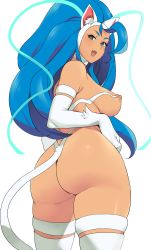 Rule 34 | 1girl, absurdres, ahoge, animal ears, animal hands, anus, anus peek, aqua eyes, ass, ass focus, big hair, blue hair, blush, breasts, capcom, cat ears, cat girl, cat tail, claws, felicia (vampire), from behind, from side, half-closed eyes, highres, huge ass, indoors, long hair, looking at viewer, looking back, minakami (flyingman555), nipples, shiny skin, simple background, solo, tail, thick thighs, thighs, vampire (game), very long hair, white background, white fur