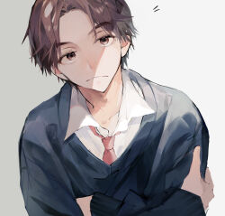 Rule 34 | 1boy, absurdres, bishounen, blue sweater, brown eyes, brown hair, character request, collarbone, collared shirt, crossed arms, forehead, highres, long sleeves, looking at viewer, male focus, necktie, notice lines, parted bangs, parted lips, red necktie, school uniform, shadow, shirt, short hair, sidelocks, simple background, skip to loafer, solo, sweater, u-sama (u summer0719), upper body, white background, white shirt