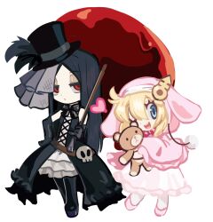 Rule 34 | 1boy, 1other, alternate costume, androgyne symbol, androgynous, bare shoulders, bbhdrrr, black hair, blonde hair, blood, blue eyes, bridget (guilty gear), chibi, dress, frilled dress, frills, guilty gear, guilty gear strive, habit, hat, highres, holding, holding umbrella, long hair, long sleeves, looking at viewer, medium hair, multiple boys, one eye closed, pink dress, pom pom (clothes), red eyes, roger (guilty gear), skull, stuffed animal, stuffed toy, teddy bear, testament (guilty gear), top hat, trap, umbrella