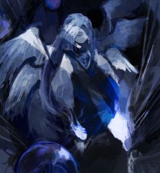 Rule 34 | 1other, androgynous, black dress, blue hair, blue theme, colored skin, commentary request, dress, feathered wings, highres, kaigen 1025, light blue hair, long hair, multiple wings, no mouth, other focus, sariel (touhou), shirt, solo, touhou, touhou (pc-98), white shirt, white skin, white wings, wings