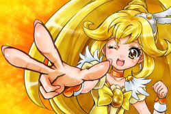 Rule 34 | 1041 (toshikazu), 10s, 1girl, ;d, blonde hair, bow, choker, cure peace, eyelashes, hair flaps, hair ornament, hairpin, kise yayoi, long hair, magical girl, one eye closed, open mouth, orange background, precure, smile, smile precure!, solo, v, wide ponytail, wink, yellow bow, yellow eyes, yellow theme