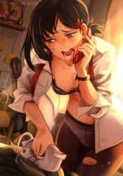 Rule 34 | 1girl, black bra, black eyes, black hair, blush, bow, bow bra, bra, breasts, bright pupils, cellphone, chainsaw man, commentary, crying, english commentary, furrowed brow, hair ornament, hairclip, higashiyama kobeni, highres, ironing, khyle., looking down, medium breasts, medium hair, mole, mole on breast, navel, open clothes, open mouth, open shirt, pantyhose, phone, ponytail, ribbon-trimmed bra, shirt, solo, talking on phone, teeth, torn clothes, underwear, watch, white bow, white pupils, white shirt, you&#039;re doing it wrong