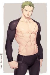 Rule 34 | 1boy, abs, bara, closed mouth, earrings, green eyes, highres, jewelry, leggings, looking at viewer, male focus, muscular, muscular male, navel, nipples, one piece, pectorals, roronoa zoro, scar, scar on chest, shironegi zzz, short hair, shrug (clothing), sideburns, simple background, single earring, skin tight, solo, twitter username