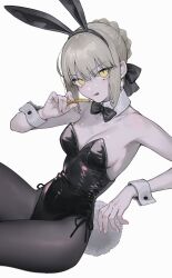 Rule 34 | 1girl, :q, animal ears, artoria pendragon (fate), black bow, black bowtie, black leotard, black pantyhose, bow, bowtie, breasts, cleavage, closed mouth, collarbone, cowboy shot, detached collar, dot nose, fake animal ears, fake tail, fate (series), food, french fries, from side, grey hair, hair between eyes, hair bow, hair bun, highleg, highleg leotard, highres, holding, holding food, large breasts, leotard, looking at viewer, nipi27, pantyhose, rabbit ears, rabbit tail, side-tie leotard, simple background, smile, solo, tail, tongue, tongue out, traditional bowtie, v-shaped eyebrows, white background, white wrist cuffs, wrist cuffs, yellow eyes