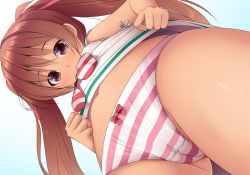 Rule 34 | 10s, 1girl, bow, bow panties, brown hair, cameltoe, cleft of venus, close-up, dark-skinned female, dark skin, dress, dutch angle, female focus, from below, gluteal fold, haryuu (poetto), kantai collection, libeccio (kancolle), looking at viewer, midriff, navel, panties, red eyes, sailor dress, simple background, solo, striped clothes, striped panties, tan, twintails, underwear, white background