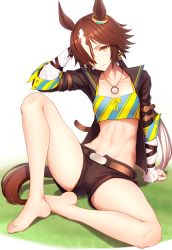 Rule 34 | 1girl, abs, actinium89, animal ears, barefoot, belt, belt buckle, black jacket, black shorts, brown hair, buckle, closed mouth, full body, grass, hair over one eye, highres, horse ears, horse girl, horse tail, jacket, long hair, long sleeves, muscular, muscular female, navel, on floor, ponytail, shorts, sitting, solo, stopwatch, stopwatch around neck, tail, thighs, toes, umamusume, vodka (umamusume), white background, yellow eyes