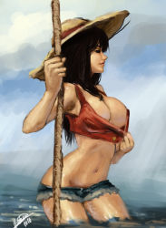 Rule 34 | 1girl, black hair, breasts, cleavage, cosplay, gradient background, hat, highres, hip focus, large breasts, legs, long hair, midriff, monkey d. luffy, monkey d. luffy (cosplay), navel, nico robin, one piece, onichan xd, onofre wayne, shorts, solo, straw hat, water