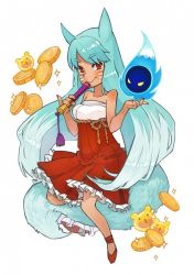 Rule 34 | 1girl, artist request, blue hair, coin, cookie run, dress, fox girl, gold coin, humanization, kumiho cookie, multicolored hair, personification, red eyes, resolution mismatch, sleeveless, sleeveless dress, solo, source larger, source request