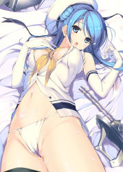Rule 34 | 10s, 1girl, blue eyes, blue hair, breasts, cum, cum on body, cum on breasts, cum on hair, cum on upper body, elbow gloves, facial, fundoshi, gloves, hat, hina 1126, japanese clothes, kantai collection, long hair, looking at viewer, lying, matching hair/eyes, medium breasts, naruse hirofumi, on back, open mouth, panties, pussy juice, school uniform, serafuku, sleeves rolled up, solo, underwear, urakaze (kancolle), white gloves, white hat