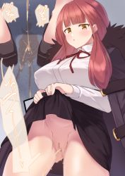 Rule 34 | 1girl, aru (blue archive), blue archive, blush, breasts, censored, clothes lift, large breasts, lifted by self, minamimachi naname, no panties, peeing, puddle, red hair, skirt, skirt lift, solo, standing, yellow eyes