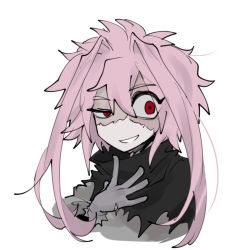 Rule 34 | 1boy, black shawl, commentary request, gloves, grey gloves, grey shirt, grin, hair between eyes, hair intakes, korean commentary, layered sleeves, male focus, nijou ryuu, nu (qjqmfqjqmf02), patchwork skin, pink hair, red eyes, saibou shinkyoku, shawl, shirt, short hair with long locks, simple background, sketch, smile, solo, torn clothes, uneven eyes, white background