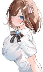Rule 34 | 1girl, black bow, blue eyes, blush, bow, bowtie, breasts, brooch, brown hair, center frills, closed mouth, commentary, eyes visible through hair, frills, hair ornament, highres, jewelry, large breasts, nijisanji, shirt, short sleeves, simple background, solo, suzuhara lulu, upper body, virtual youtuber, white background, white shirt, x hair ornament, yuuko (030 yuko)