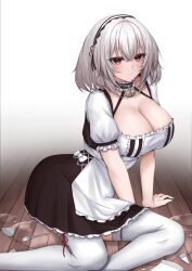 Rule 34 | 1girl, absurdres, anchor choker, apron, arm support, azur lane, breasts, choker, cleavage, crying, crying with eyes open, frilled choker, frills, hairband, highres, lace-trimmed hairband, lace trim, large breasts, maid, medium hair, on floor, puffy short sleeves, puffy sleeves, red eyes, seiza, short sleeves, sirius (azur lane), sitting, solo, tears, thighhighs, ueyama 0clock, white apron, white hair, white thighhighs