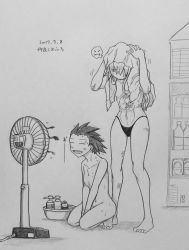 Rule 34 | 2girls, after bathing, battle scarred, breasts, drying, drying hair, electric fan, graphite (medium), greyscale, hand fan, highres, kantai collection, long hair, mechanical pencil, monochrome, multiple girls, neobandle, nipples, nude, open mouth, panties, pencil, scar, seiza, shimakaze (kancolle), short hair, sitting, towel, traditional media, translation request, underwear, wet, yukikaze (kancolle)