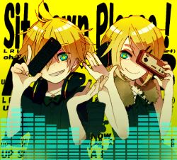 Rule 34 | 1boy, 1girl, 4 (nakajima4423), aqua eyes, bad id, bad pixiv id, blonde hair, brother and sister, famicom, game console, headphones, headphones around neck, kagamine len, kagamine rin, nes, nintendo, remocon (vocaloid), remote control (vocaloid), short hair, siblings, smile, twins, vocaloid