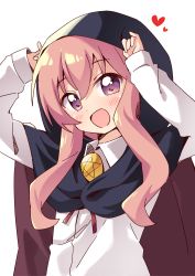 Rule 34 | 1girl, arms up, black cape, blush, bolo tie, bright pupils, brooch, cape, collared shirt, dot nose, dress shirt, hair between eyes, haru (konomi 150), heart, highres, hood, hood pull, hood up, hooded cape, jewelry, long hair, long sleeves, looking at viewer, louise francoise le blanc de la valliere, necktie, open mouth, pink eyes, pink hair, red necktie, shirt, short eyebrows, sidelocks, simple background, smile, solo, star (symbol), upper body, wavy hair, white background, white shirt, zero no tsukaima