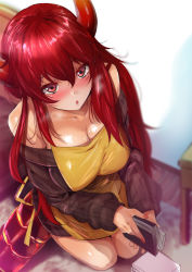 Rule 34 | 1girl, apron, bad id, bad twitter id, bed, bedroom, blurry, blurry background, blush, breasts, brown sweater, cleavage, dola (nijisanji), dragon girl, dragon horns, dragon tail, from above, fumihiko (fu mihi ko), highres, horns, indoors, large breasts, long hair, long sleeves, nail polish, nijisanji, off shoulder, on floor, open mouth, parted lips, pink nails, red eyes, red hair, ribbed sweater, seiza, sitting, solo, sweat, sweater, tail, virtual youtuber, yellow apron