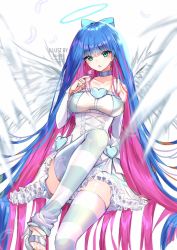Rule 34 | 1girl, :o, angel, angel wings, artist name, bare shoulders, blue hair, bow, breasts, bridal gauntlets, candy, choker, collarbone, colored inner hair, corset, dress, feathered wings, feathers, food, frills, green eyes, hair bow, halo, heart, high heels, ku-ini, large breasts, lolita fashion, lollipop, long hair, multicolored hair, nail polish, open mouth, panty &amp; stocking with garterbelt, pink hair, sitting, solo, stocking (psg), striped clothes, striped thighhighs, thighhighs, toes, two-tone hair, very long hair, wings, zettai ryouiki