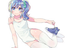 Rule 34 | 1girl, aikatsu!, aikatsu! (series), arm support, bad id, bad pixiv id, blue eyes, blue hair, closed mouth, commentary request, converse, green scrunchie, hair ornament, hair scrunchie, hei (tonarinohey), holding, holding shoes, kiriya aoi, legs, leotard, looking at viewer, lying, on side, partial commentary, scrunchie, shoes, unworn shoes, side ponytail, simple background, smile, sneakers, solo, spaghetti strap, strap slip, thighhighs, white background, white leotard, white thighhighs