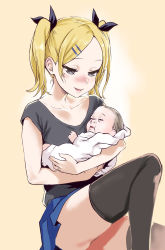 Rule 34 | 1boy, 1girl, asanagi, baby, baby carry, blonde hair, blush, bow, carrying, commentary, hair bow, hair ornament, hairclip, highres, holding, holding baby, jewelry, mole, mole under eye, motherly, ring, shirobako, shirt, t-shirt, thighhighs, twintails, wedding band, yano erika