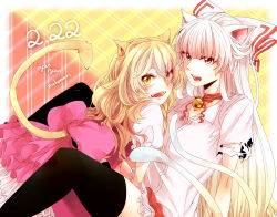 Rule 34 | 2girls, animal ears, bad id, bad pixiv id, bell, blonde hair, blunt bangs, bow, cat ears, cat tail, choker, collarbone, dated, dress, fangs, frilled dress, frilled skirt, frills, fujiwara no mokou, hair bow, highres, jingle bell, kemonomimi mode, kirisame marisa, long hair, multiple girls, multiple tails, open collar, open mouth, pink dress, puffy short sleeves, puffy sleeves, red eyes, ribbon choker, shirt, short sleeves, skirt, souta (karasu no ouchi), tail, thighhighs, torn clothes, torn sleeves, touhou, two tails, very long hair, white hair, white shirt, yellow eyes