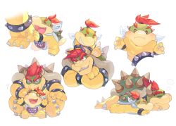 Rule 34 | 2boys, bowser, bowser jr., cheek bulge, closed eyes, colored skin, crossed arms, crown, fang, father and son, from side, grin, horns, hoshikuzu pan, lying, mario (series), multiple boys, nintendo, on stomach, ponytail, red eyes, red hair, sharp teeth, shell, short hair, simple background, sitting, smile, spikes, teeth, white background
