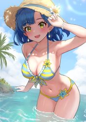 Rule 34 | 1girl, bikini, blue hair, blue sky, breasts, brown hat, c (theta), cloud, commentary request, day, earrings, flower hat, green eyes, hat, highres, idolmaster, idolmaster million live!, jewelry, large breasts, nanao yuriko, navel, ocean, open mouth, outdoors, partially submerged, sky, smile, solo, striped bikini, striped clothes, swimsuit