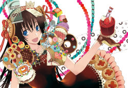 Rule 34 | 1girl, 2no, bad id, bad pixiv id, black hair, blue eyes, cake, dress, food, food-themed clothes, gloves, long hair, ninomoto, open mouth, original, pastry, solo, sweets