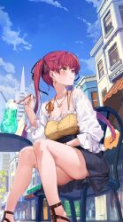 Rule 34 | 1girl, akasaai, alternate costume, black skirt, breasts, building, cleavage, closed mouth, day, earrings, food, heart, heart necklace, heterochromia, highres, hololive, houshou marine, ice cream, jewelry, large breasts, long hair, long sleeves, melon soda, necklace, on chair, outdoors, pleated skirt, red eyes, red hair, shirt, sitting, skirt, skyscraper, smile, soda, solo, spoon, tree, twintails, virtual youtuber, white shirt, yellow eyes