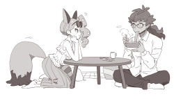 Rule 34 | 1boy, 1girl, alternate costume, bad id, bad twitter id, bare arms, bespectacled, bowl, buttons, chopsticks, closed mouth, collared shirt, commentary request, creatures (company), cup, cushion, dede (qwea 00000), donbei kitsune udon, eating, eye contact, eyelashes, eyewear on head, facial hair, food, game freak, gen 8 pokemon, glasses, greyscale, hair ornament, head rest, heart, heart hair ornament, holding, holding bowl, holding chopsticks, kneeling, korean commentary, leon (pokemon), long hair, looking at another, monochrome, mug, nickit, nintendo, nissin donbei, noodles, pants, plate, pokemon, pokemon ears, pokemon swsh, pokemon tail, ponytail, shirt, side ponytail, sitting, sleeveless, smile, socks, sonia (pokemon), steam, sunglasses, table, tail