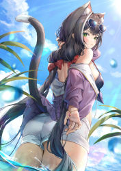 Rule 34 | 1girl, :&lt;, animal ear fluff, animal ears, ass, bikini, bikini top only, black hair, blush, bow, bracelet, cat ears, cat girl, cat tail, cloud, douya (233), eyewear on head, from behind, frown, glasses, glint, green eyes, hair bow, hand in own hair, jewelry, karyl (princess connect!), karyl (summer) (princess connect!), lens flare, light rays, long hair, looking at viewer, looking back, multicolored hair, off shoulder, princess connect!, shorts, sky, solo, sunbeam, sunglasses, sunglasses on head, sunlight, swimsuit, tail, twintails, wading, water, white shorts