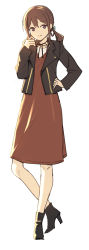 Rule 34 | 1girl, 22/7, black footwear, black jacket, boots, brown dress, brown eyes, brown hair, dress, full body, hand on own hip, hand up, high heel boots, high heels, jacket, long hair, looking at viewer, low twintails, nagareboshi, smile, solo, standing, tachikawa ayaka, twintails, white background