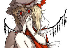Rule 34 | 1girl, back bow, blonde hair, bow, collared shirt, commentary, covering own mouth, crystal, flandre scarlet, grey hat, hair between eyes, hands on own face, hands up, hat, hat ribbon, jewelry, kankan33333, looking at viewer, mob cap, one side up, puffy short sleeves, puffy sleeves, red eyes, red ribbon, red skirt, red vest, ribbon, shirt, short hair, short sleeves, simple background, sitting, skirt, solo, symbol-only commentary, touhou, vest, white background, white bow, white shirt, wings