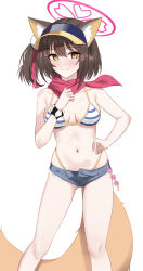 Rule 34 | 1girl, absurdres, animal ear fluff, animal ears, bikini, blue archive, blue shorts, breasts, brown hair, closed mouth, commentary, denim, denim shorts, facing viewer, feet out of frame, fox ears, fox tail, halo, hand on own hip, hand up, highleg, highleg bikini, highres, hinmyoi, izuna (blue archive), izuna (swimsuit) (blue archive), looking ahead, micro shorts, official alternate costume, one side up, pink halo, pink scarf, scarf, short hair, shorts, simple background, small breasts, smile, solo, standing, striped bikini, striped clothes, swimsuit, tail, visor cap, white background, yellow eyes