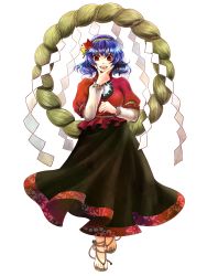 Rule 34 | 1girl, anklet, bell, blue hair, feet, female focus, full body, hair ornament, highres, jewelry, leaf hair ornament, md5 mismatch, red eyes, rope, sandals, short hair, socha, solo, standing, touhou, transparent background, yasaka kanako