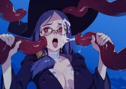 Rule 34 | 1girl, artist name, black-framed eyewear, black headwear, blue hair, breasts, choker, cleavage, commentary, cum, cum on eyewear, cum on hair, english commentary, facial, handjob, hat, large breasts, little witch academia, long hair, medium hair, open mouth, optionaltypo, penis, red eyes, teeth, tentacles, tongue, tongue out, uncensored, upper body, upper teeth only, ursula callistis, white choker, witch hat