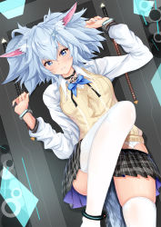 Rule 34 | 1girl, animal ears, beige vest, blue bow, blue bowtie, blue eyes, blue nails, bow, bowtie, breasts, clenched teeth, collared shirt, cowboy shot, fox ears, fox girl, fox tail, girls&#039; frontline, highres, knee up, looking at viewer, lying, medium breasts, medium hair, miniskirt, nail polish, official alternate costume, on back, open mouth, pa-15 (girls&#039; frontline), pa-15 (high school thrills) (girls&#039; frontline), plaid, plaid skirt, pleated skirt, restrained, shailiar, shirt, silver hair, skindentation, skirt, solo, tail, tears, teeth, thighhighs, thighs, twintails, white shirt, white thighhighs